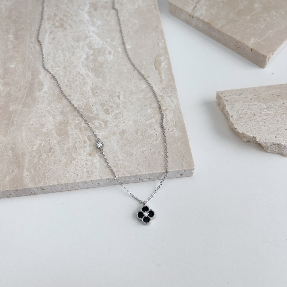 'Esme' Sterling Silver/Black Clover Necklace